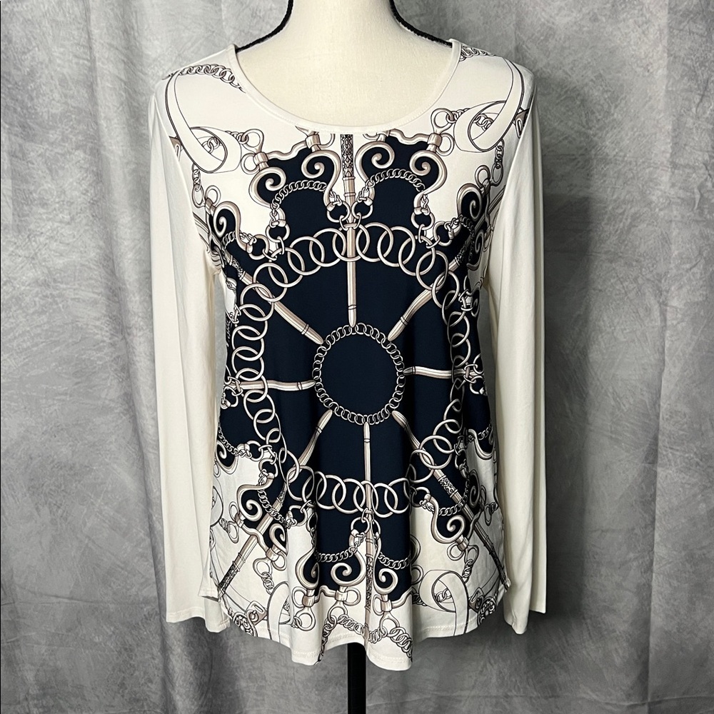 Adrienne Vittadini Cream Scoop Neck Long Sleeve Blouse with Black & Tan Anchor